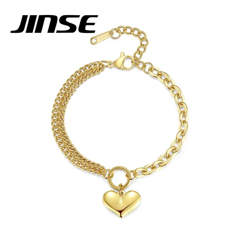 Link, Chain JINSE Fashion Boho 316L Stainless Steel Gold Link Heart Charms Bracelet For Women Hip Hop Punk Kolye Jewelry Love Gift