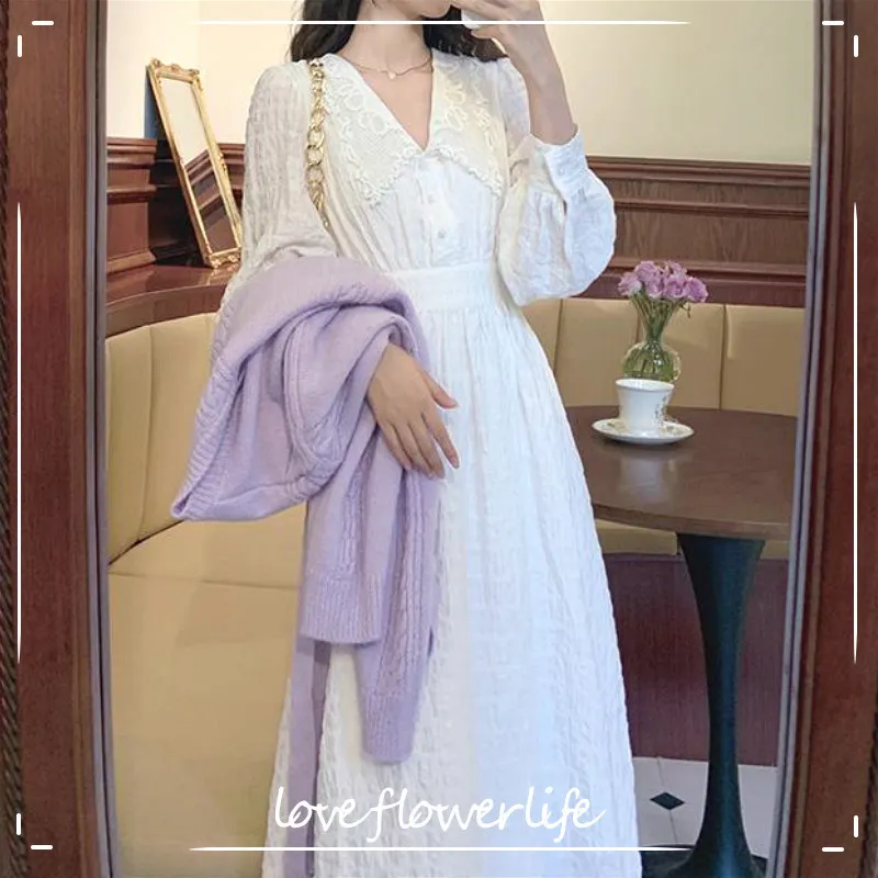 White Fairy Dress Women Long Sleeve French Vintage Party Dress Female Autumn Midi Elegant Dress Korea Office Lady 210521
