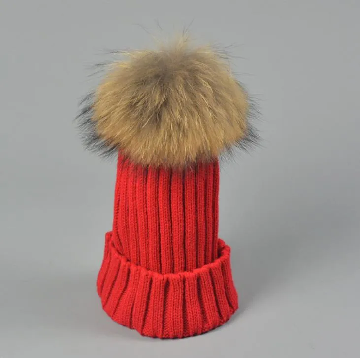 Designer Ladies Knitted Rib Beanies With Real Raccoon Dog Hair Ball Children Fancy Plain Fur Pom Winter Hats Womens