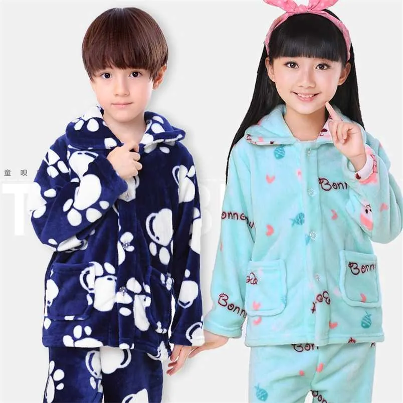 Winter Kids Pijamas Flanel Nachtkleding Meisjes Jongens Pyjama Coral Fleece Pyjama Sets 3-13T Kleding Nachtkleding / Homewear 211109
