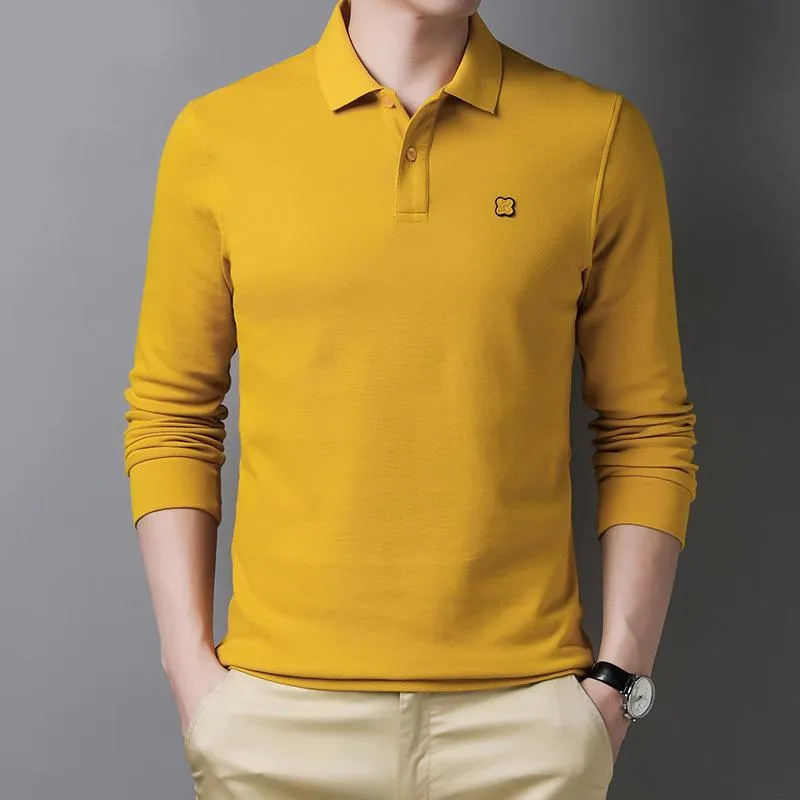 Heren Polo's 2021 Luren Effen Kleur Slanke Shirt met lange mouwen Mannen Business Casual Hoge Kwaliteit Merk Stretch Red Black Geel