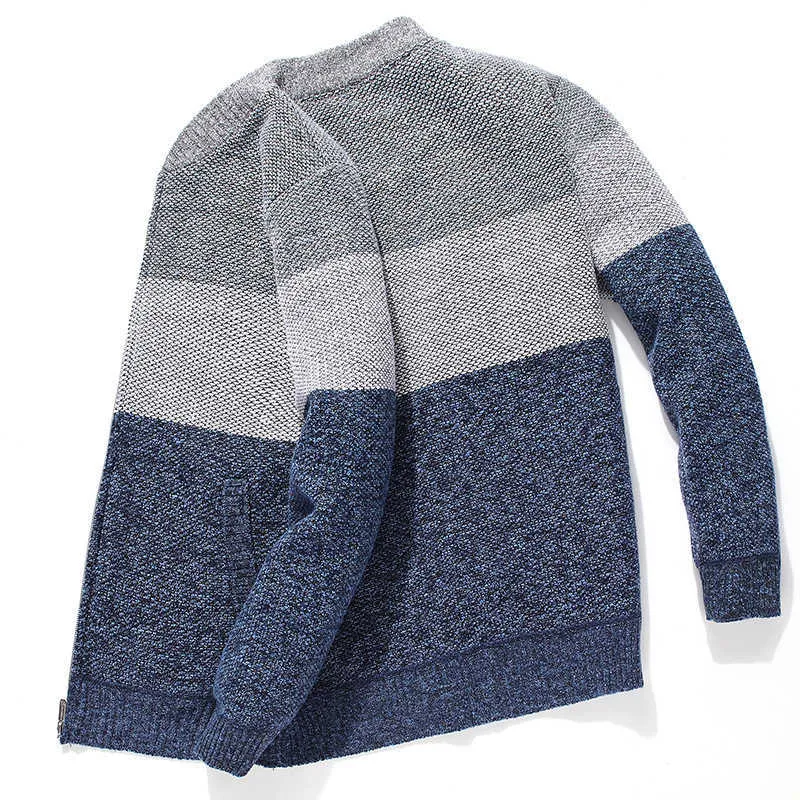 Vinter v-nacke cardigan tröja Homme varm randig polyester mäns päls casual passform grå stickad tröja för man toppar cardigan män 210601