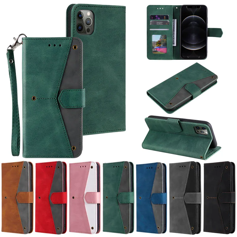 Skin Feel Hybrid Leather Wallet Case For Iphone 13 12 Pro Mini 11 XR XS MAX X 8 7 6 Contrast Color ID Slot Holder Flip Cover Lanyard