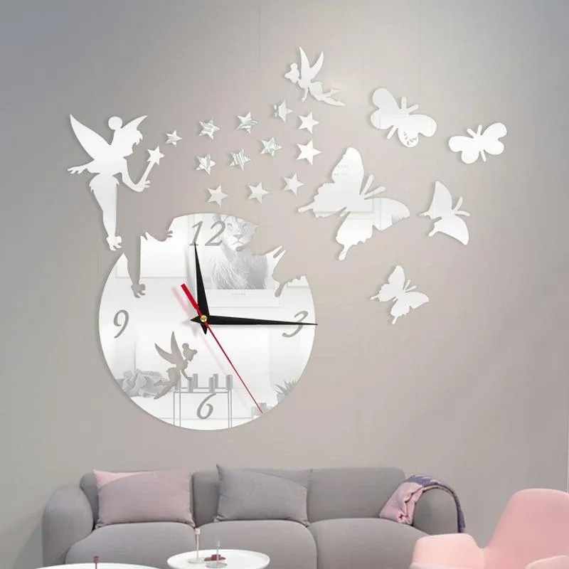 Väggklockor diy geometriska klockor spegel akryl kvarts klockstjärnor och fjärilsdekoration klistermärken