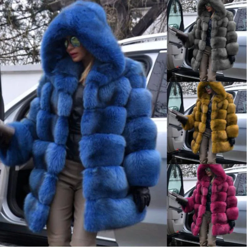 Winter Dikke Warme Faux Bontjas Vrouwen Plus Size Capuchon Lange Mouwen Jas Luxe Bontjas Furry Womens Jas