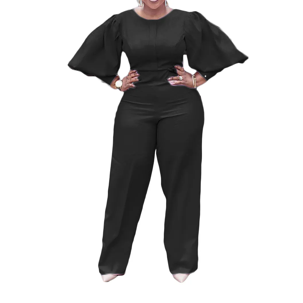 MEJI V-neck Puff Sleeve Self Belt Solid Plus Size Jumpsuit A2750 | Lazada PH