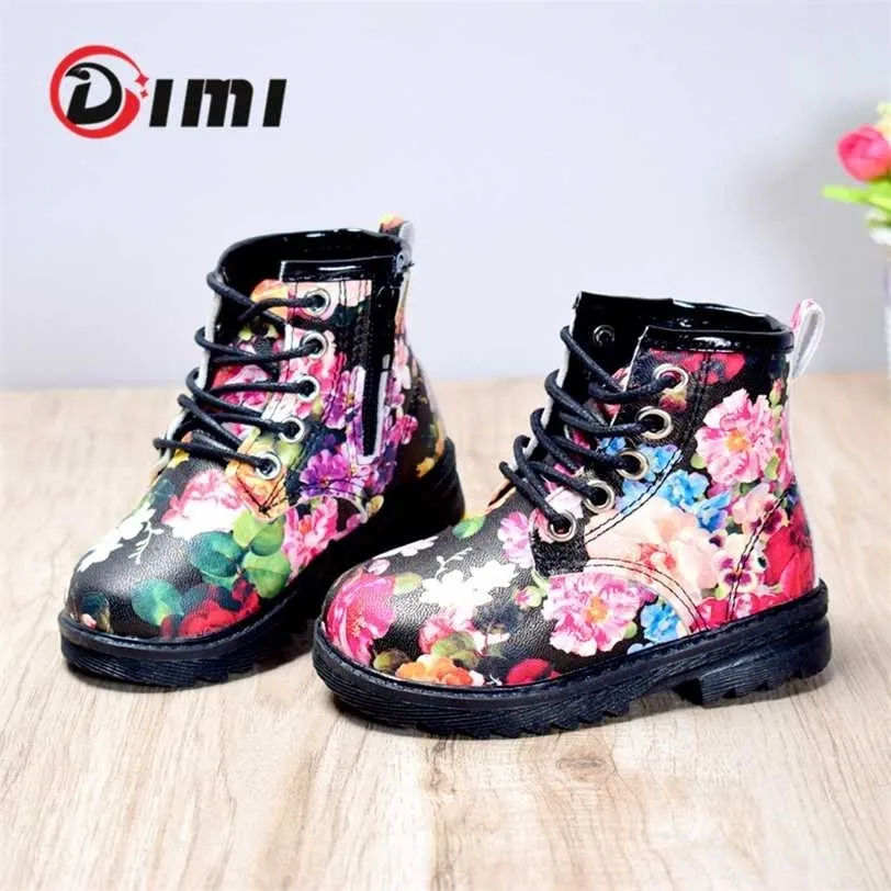 DIMI Autumn Girls Boots PU Leather Waterproof Kid Baby Shoes Fashion Flower Zip Rome Little Girl Martin 211227