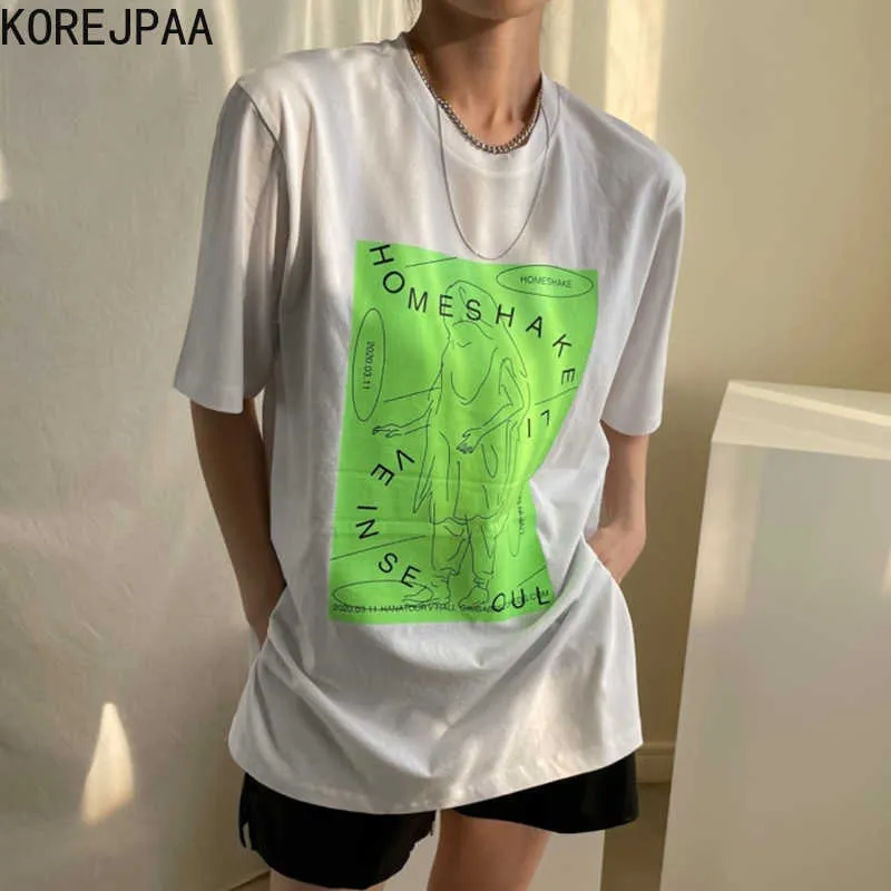 Korejpaa Kvinnor T-shirt Korea Chic Sommar Enkel Brev Skriv ut Runda Halspullover Lossa Casual Joker Kortärmad Split Top 210526
