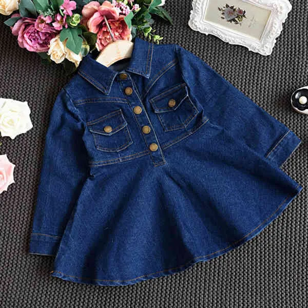 sihuai04 Girls Denim Dress Fall New Small and Medium Sized Fashion Kids Clothing Long Sleeve Lapel Pocket Children Single Breasted Dress Q0716
