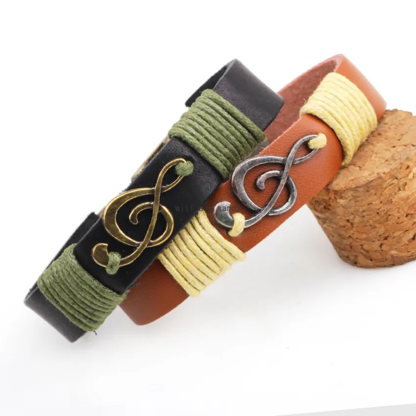 Bracelete de charme de notas musicais vintage sandmade de pulseira de couro tran￧ado para homens para homens mulheres j￳ias de hip hop