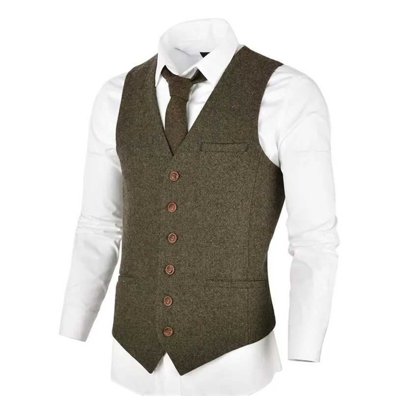 VOBOOM Gilet da Uomo in Tweed di Lana Gilet Aderente Monopetto a Spina di Pesce 007 210923