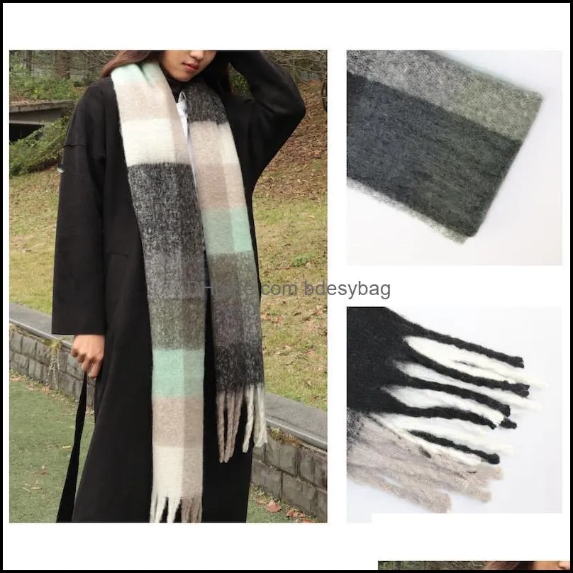 Winter Plaid Cashmere Scarf Women Warm Thicken Blanket Shawls Long Tassel Couple Scarves High Quality