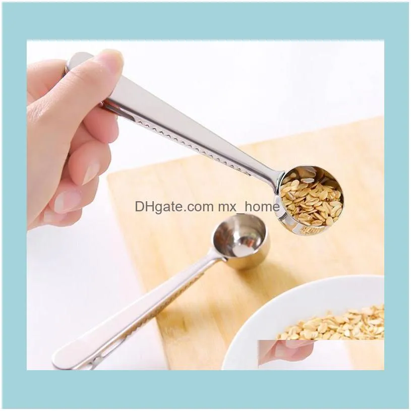 Stainless Steel Coffee Scoop Multifunction Spoon Sugar Scoop Clip Bag Seal Measuring Clamp Spoons Portable Food Kitchen Tool Supplies