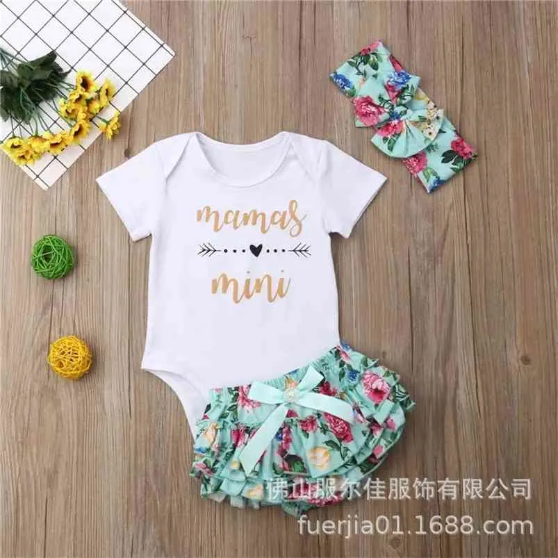 Summer born Infant Rompers Baby Girl Clothes Short Sleeve Letter Floral Shorts Headwear Girls 210629