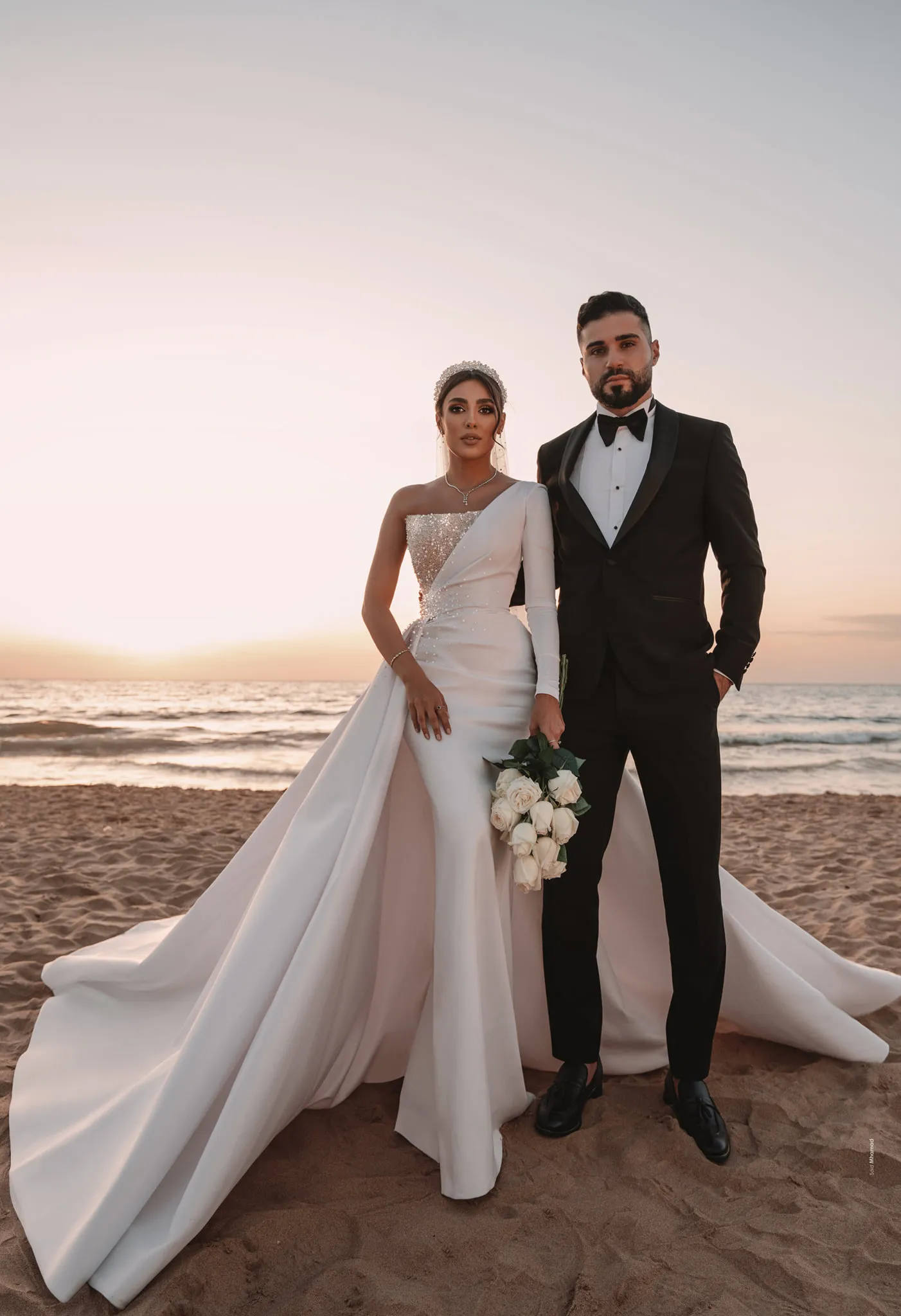 Light Gold One Shoulder mermaid mikado wedding dress with Pearl Embellishments and Detachable Train - Dubai Style