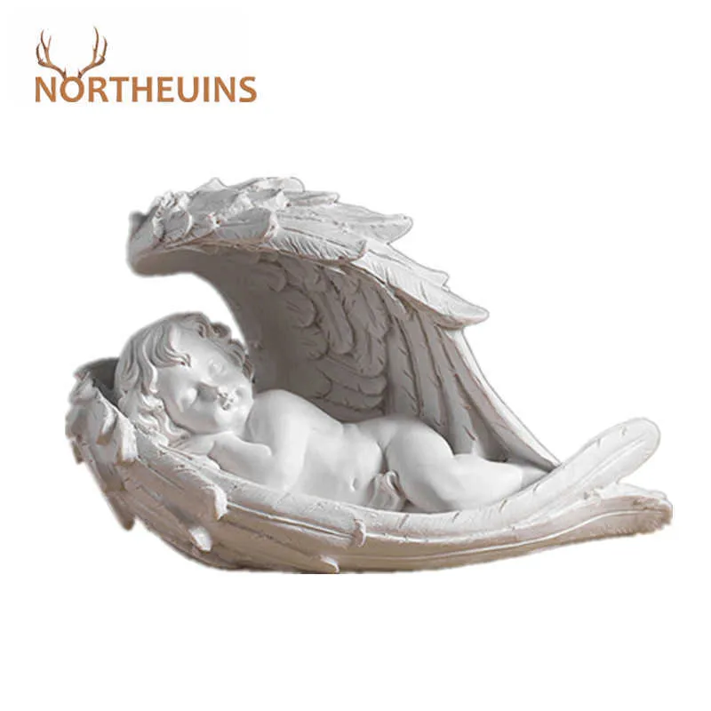 NORTHEUINS Resin Angel Girl Figurines Nordic Fairy Garden Modern Statues For Interior Home Shelf Decoron Christmas Gift 210804