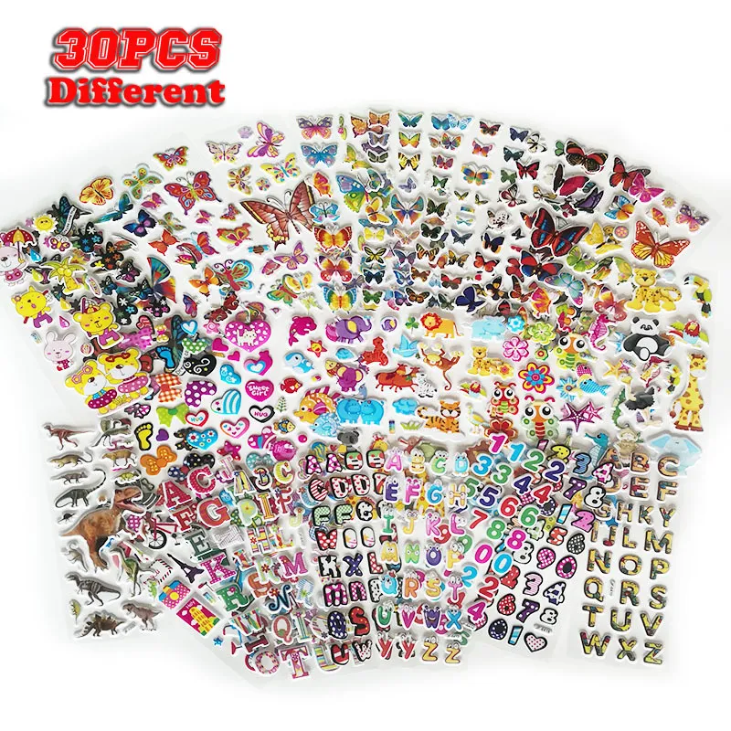 30 Style Kids 3D Puffy Bulk Stickers For Girl Boy Birthday Gift Scrapbooking Animals Stars Fishes Hearts Wholesale