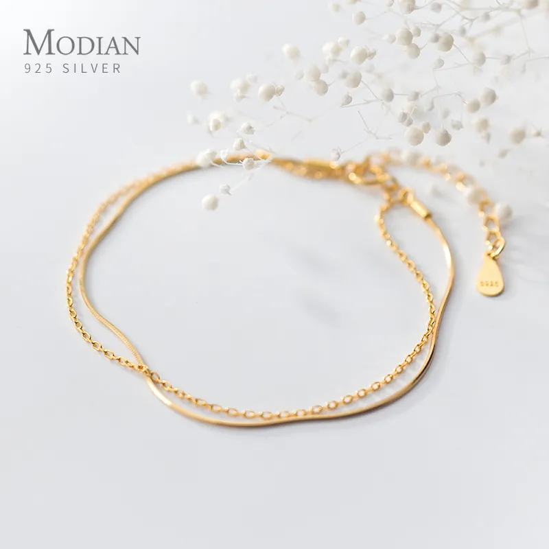 Modian 925 Sterling Silver Gold Color Podwójna Warstwa Naga Bransoletka Dla Kobiet Moda Łańcuch Oryginalna Biżuteria