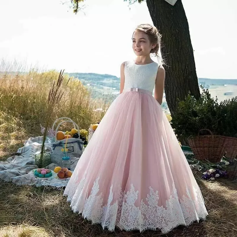 Pink Flower Girl Dress with Bow Tiered Lace Applique Sleeveless Ankle-Length Gown for Little Girls from Dhgate Flower Girls' Dresses - price 95.48 Pink Flower Girl Dress with Bow Tiered Lace Applique Sleeveless Ankle-Length Gown for Little Girls from Dhgate Flower Girls' Dresses - price 95.48