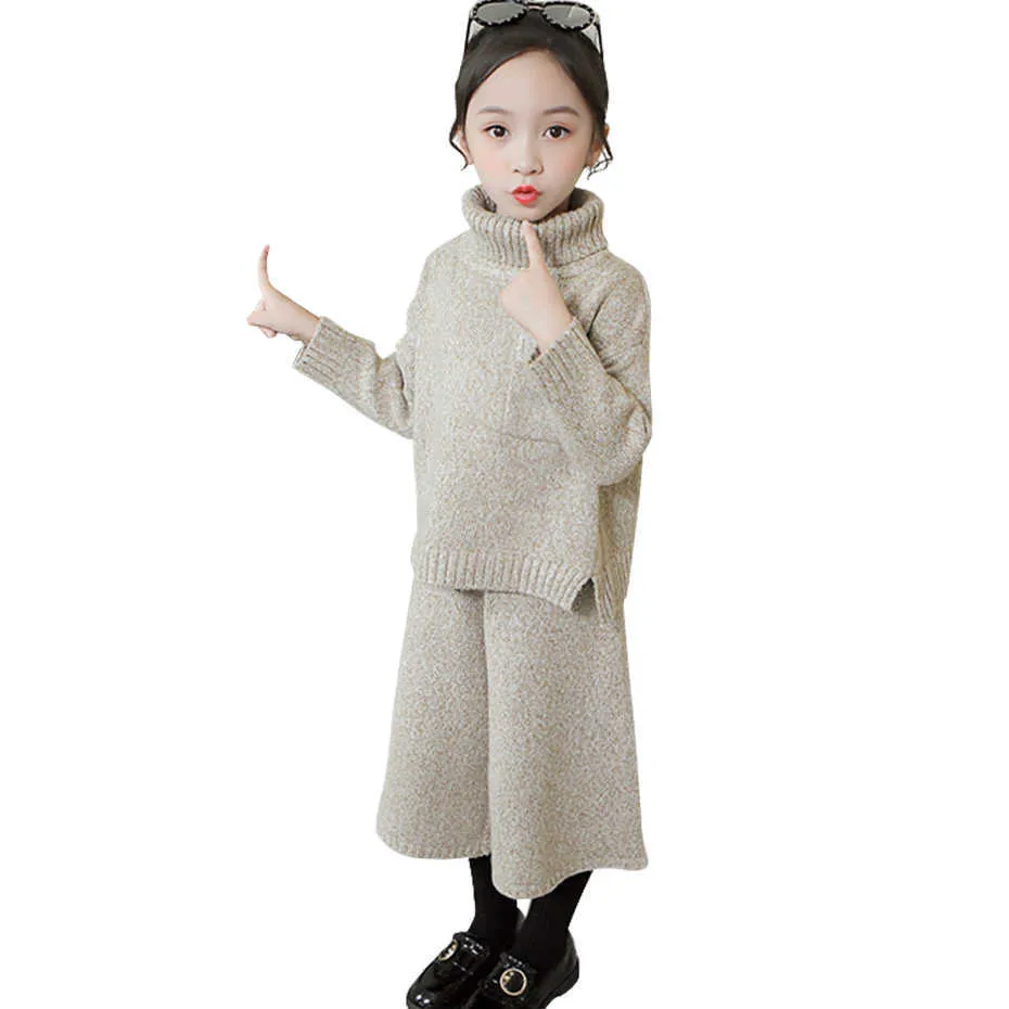 Teenage Children Clothes Sweater + Pants Costume For Girls Thick Warm Girl Knitted Set Autumn Winter Kids Clothing 210528