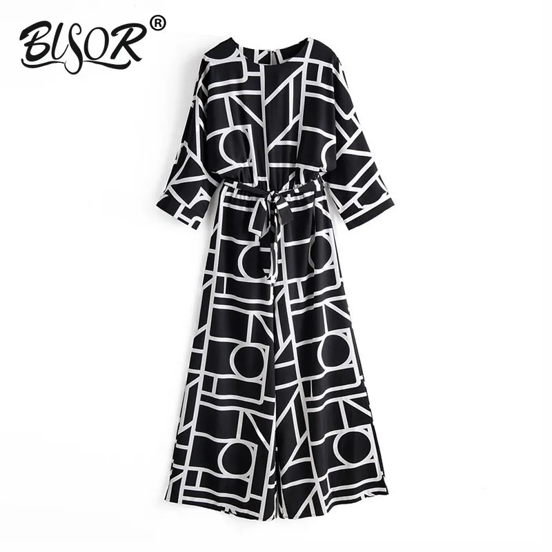 Mulheres Vintage Padrão Geométrico Jumpsuits Largo Perna Calças Laço Laço Bolsos Bolsos Macacões Feminino Chic Preto Playsuits 210430