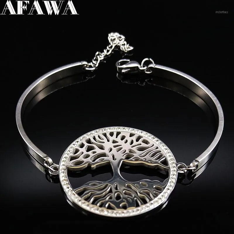 Fashion Tree Of Life Crystal Stainless Steel Bangle Bracelets For Women Silver Color Jewelry Bracelet Jonc B18266