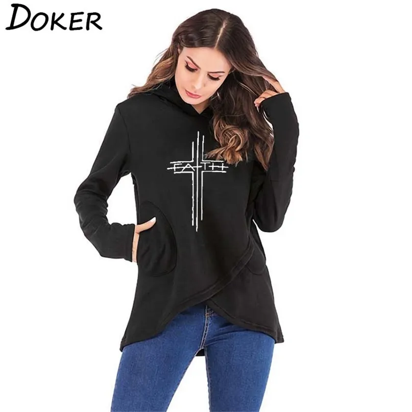 Jesień Zima Z Długim Rękawem Pullover Bluzy Bluzy Kobiety Cross Faith Print Hoodie Plus Size Boże Narodzenie Ciepła bluza 210603