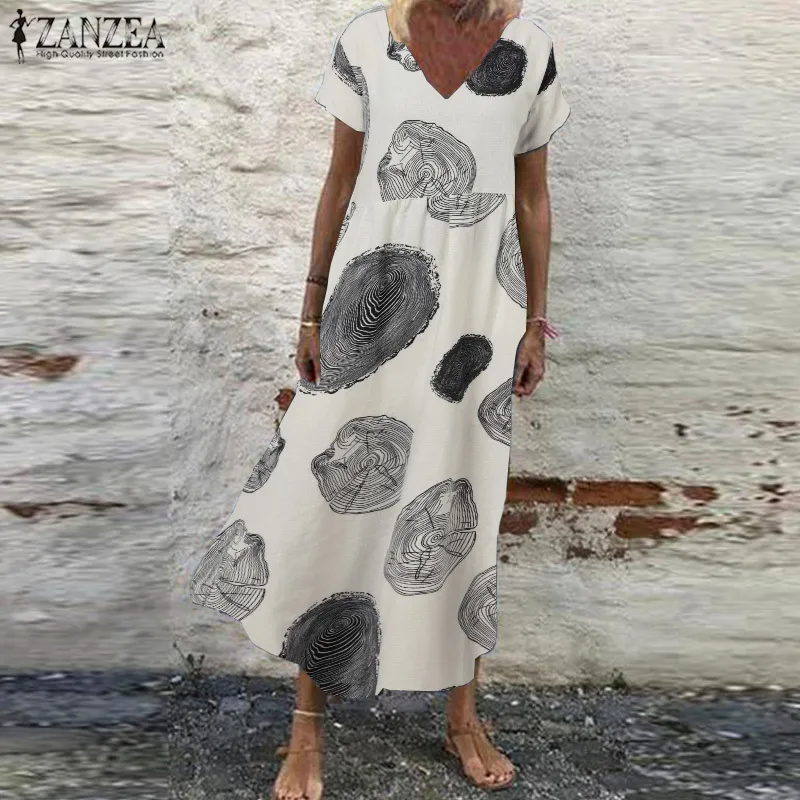 Retro tryckta Maxi Dress Kvinnors sommar Sundress 2021 Zanzea Casual Short Sleeve Vestisdos Kvinna V Neckrock Oversized 5XL X0521