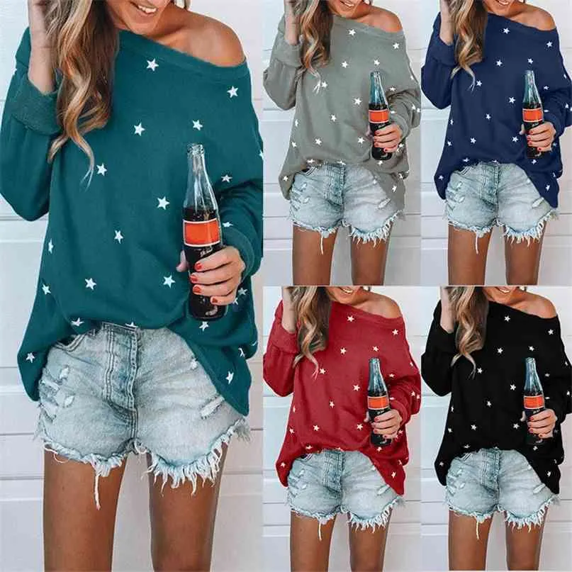 Kvinnor Höst Casual T Shirt Star Print Slash Neck Off Shoulder Långärmad Koreansk T-shirt Fall Plus Storlek Kvinna Tees Toppar 210507