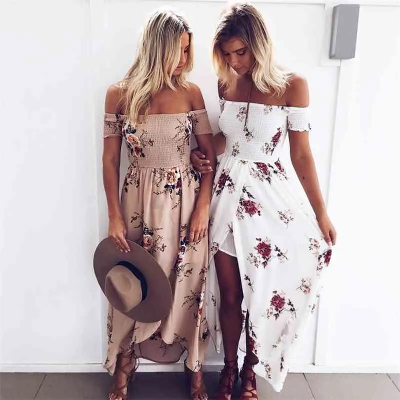 Women Boho Long Dress Summer Off Shoulder Beach Dresses Floral Print Vintage Asymmetrical Maxi Dress Vestidos De Festa 210426