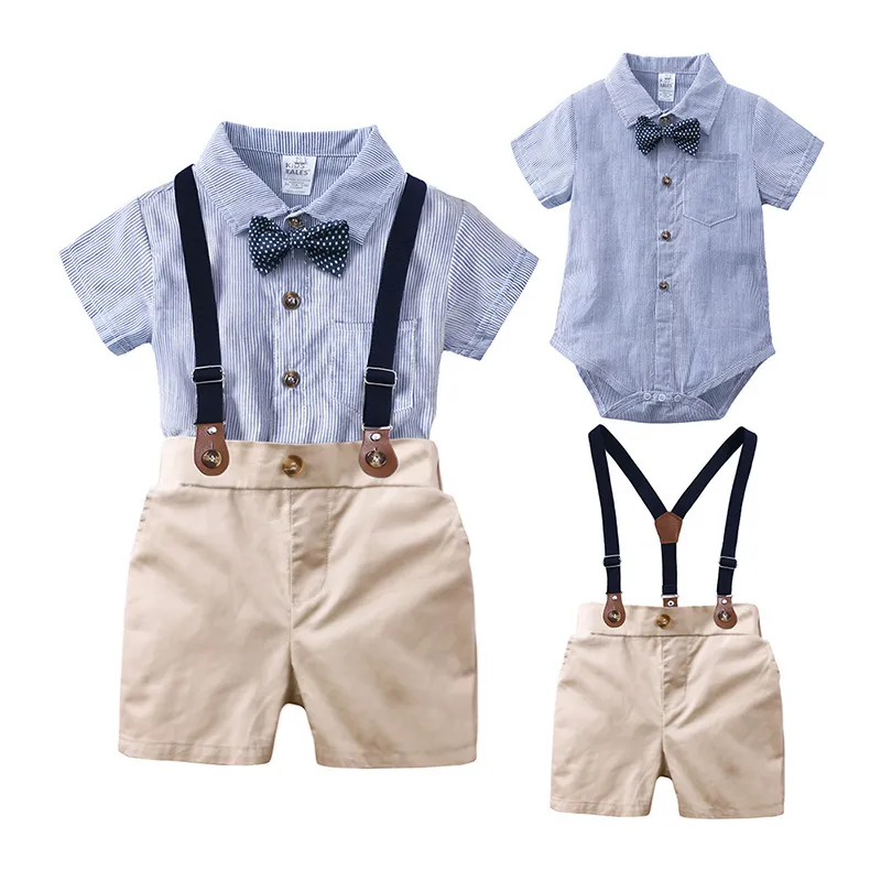 Baumwolle Baby Kinderkleidung Set Kleinkind Jungen Sommer Gentleman Fliege Kurzarm Hemd + Gesamt Shorts Sets 210429