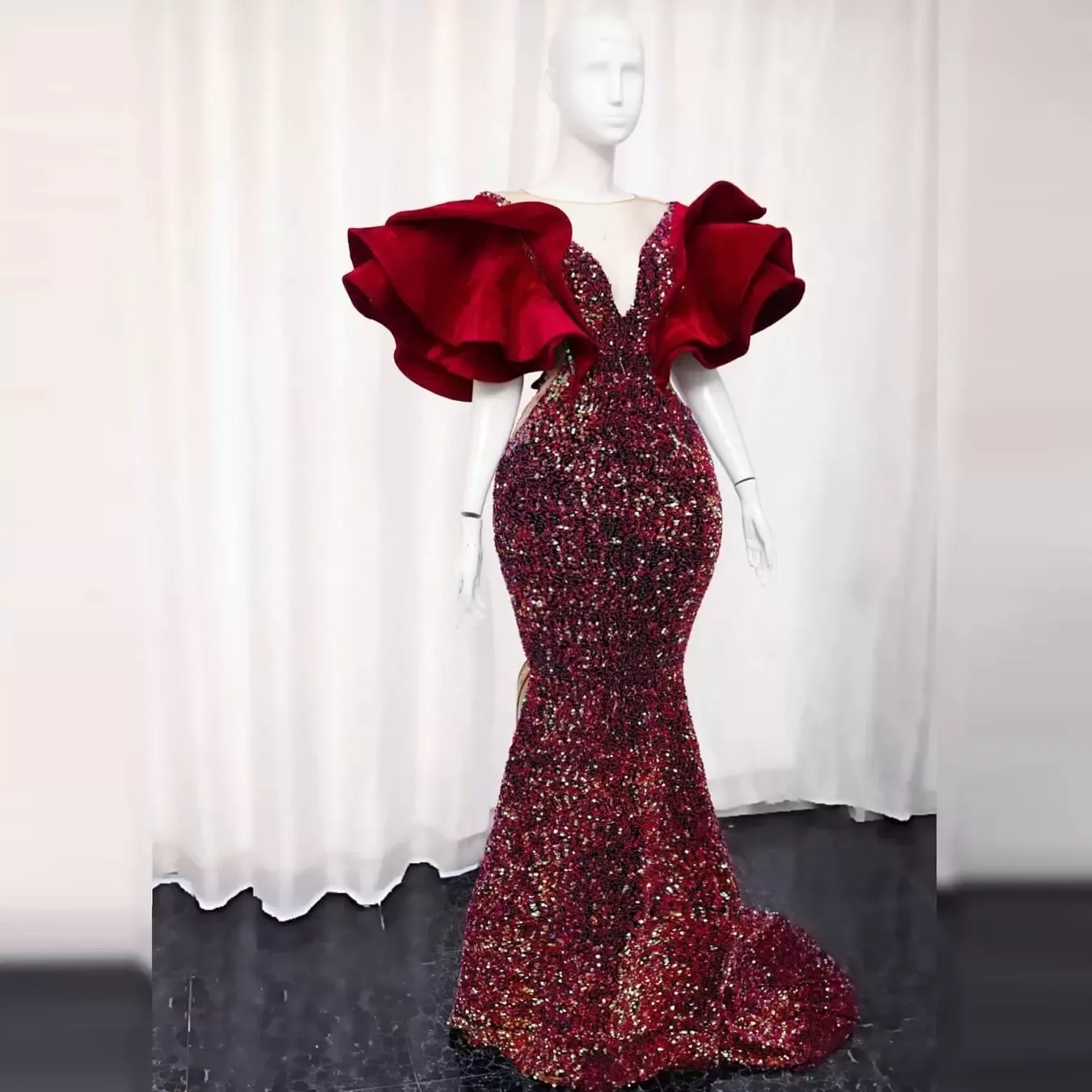 2022 Sprankelen ASO EBI Dark Rode Avondjurk Plus Size Ruches Puffy Sleeves V-hals Merma's Pailletten Dames Zuid-Afrika Prom Dresses CG001
