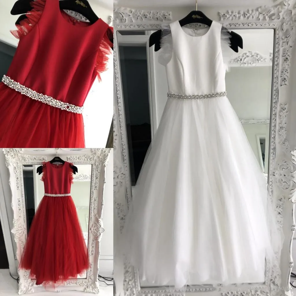 Abiti da ragazza di fiori carini A-Line Girocollo Tulle Sweep Train Abito da prima comunione rosso scuro per bambina Fiori a mano Zip senza maniche