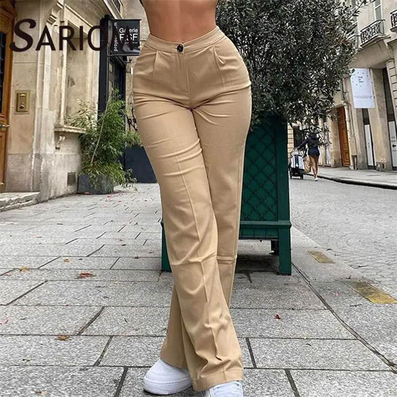 Streetwear Khaki Largo Perna Mulheres Calças Casuais Loose Cintura Alta Flared Calças Senhoras Calças Longas Pantalon Cargo Femme 211008