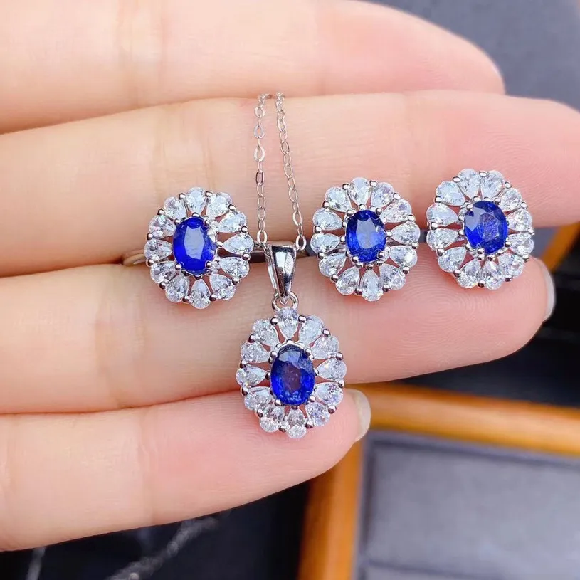 Flower Lab Sapphire Set 925 Sterling Silber Versprechen Party Hochzeit Ringe Ohrringe Halskette für Frauen Brautschmuck