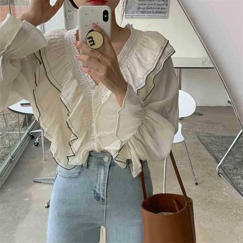 Cute morel Color-Hit Luźne Topy Femme Casual Vintage Elegance Sweet Ruffles Spring Girls Shirts Clothe 210525