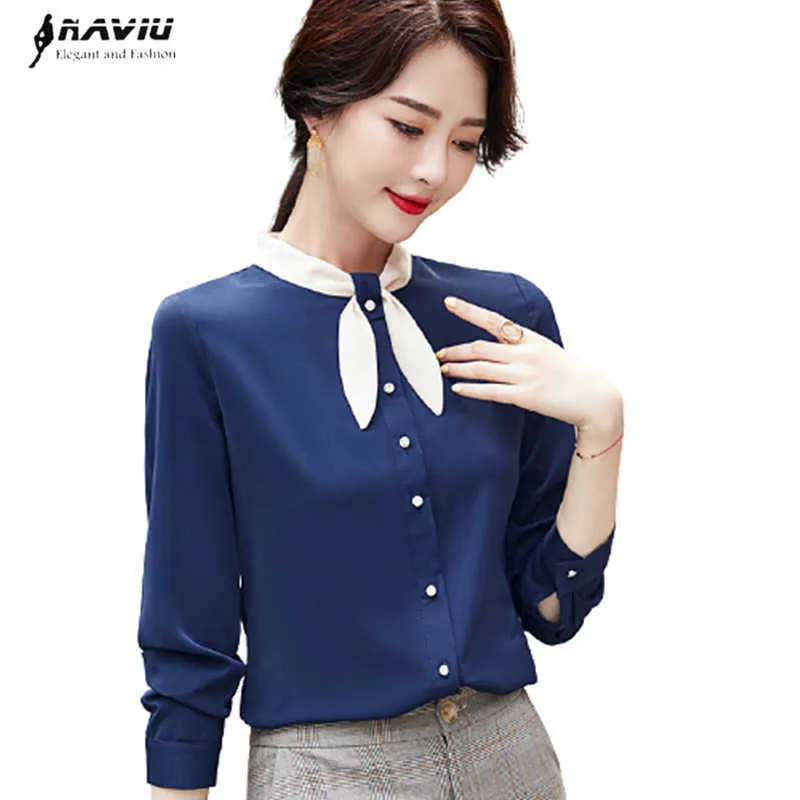 Professionell Navy Blue Shirt Kvinnor Långärmad Chiffong Temperament Patchwork Höst Bow Collar Formell Slim Blusar 210604