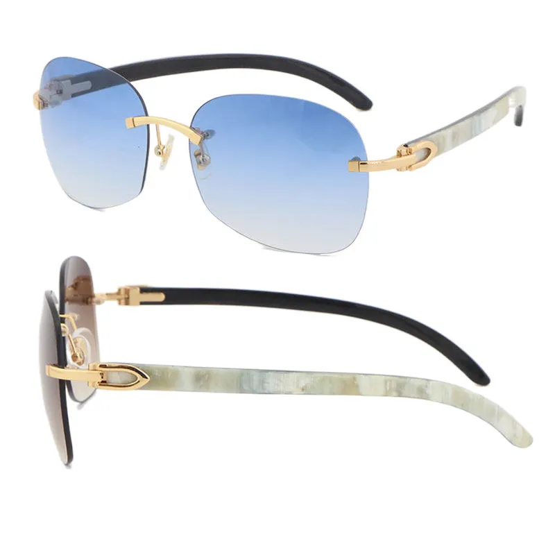 Fashion Man Woman Frames Rimless Sunglasses Large Square Frame Genuine Natural White inside Black Buffalo horn Glasses 18K Gold UV400 Lens Male and Female Size:62