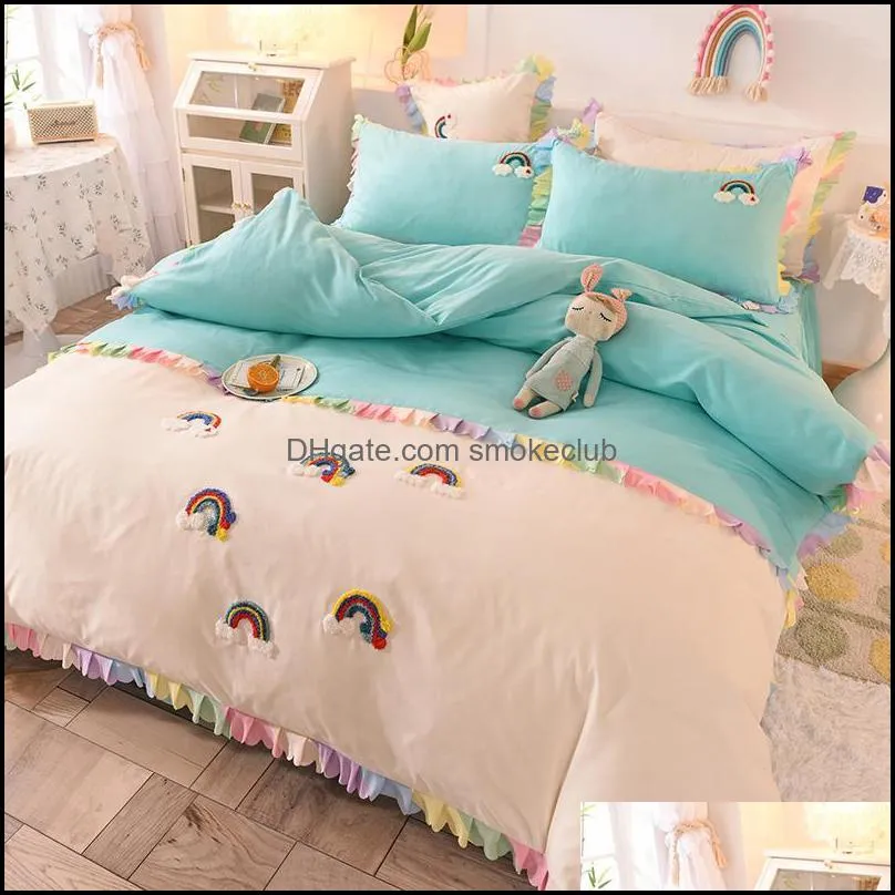 Bedding Sets Cotton Princess Style 3D Rainbow Embroidery Decor Bed Skirt Duvet Cover Pillowcases Four Pieces Set L15