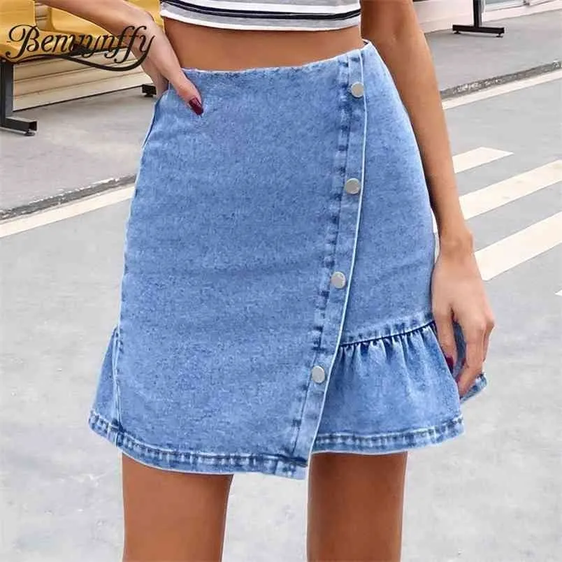 Przycisk Front Ruffle Hem Denim Spódnice Kobiety Summer Casual Streetwear Ladies High Waist Zipper Jean Mini Spódnica 210510