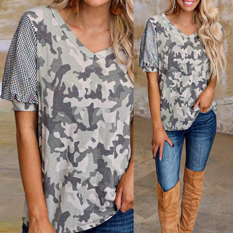 Fashion T-shirts Female Summer Camouflage Print V Neck Tops Plaid Patchwork Lantern Short Sleeve Women T Shirt Casual Loose Tees 210526