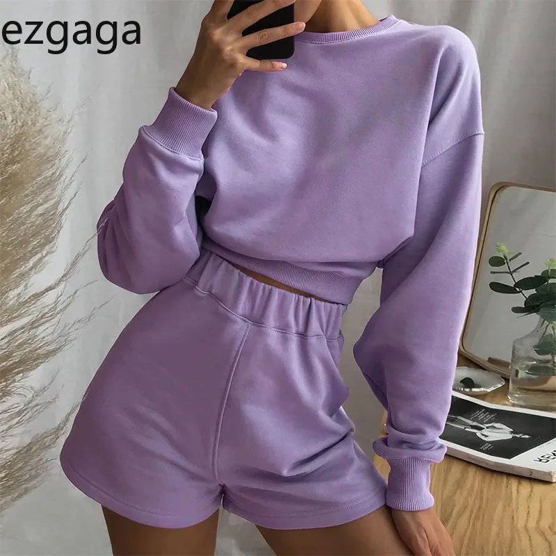 Ezgaga Casual Two Pieces Set Women Autumn Solid Tracksuit Långärmad Crop Top och Shorts Outfits Matching Set Basic Fashion 210430