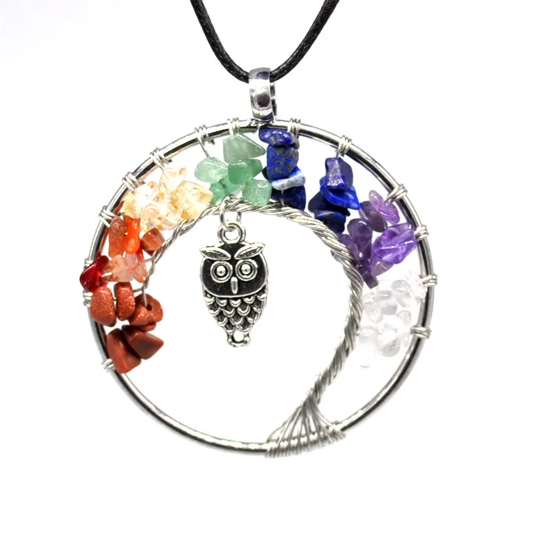 Arbre de vie hibou 7 Chakra cristal pierre naturelle collier pendentif femmes colliers bijoux de mode