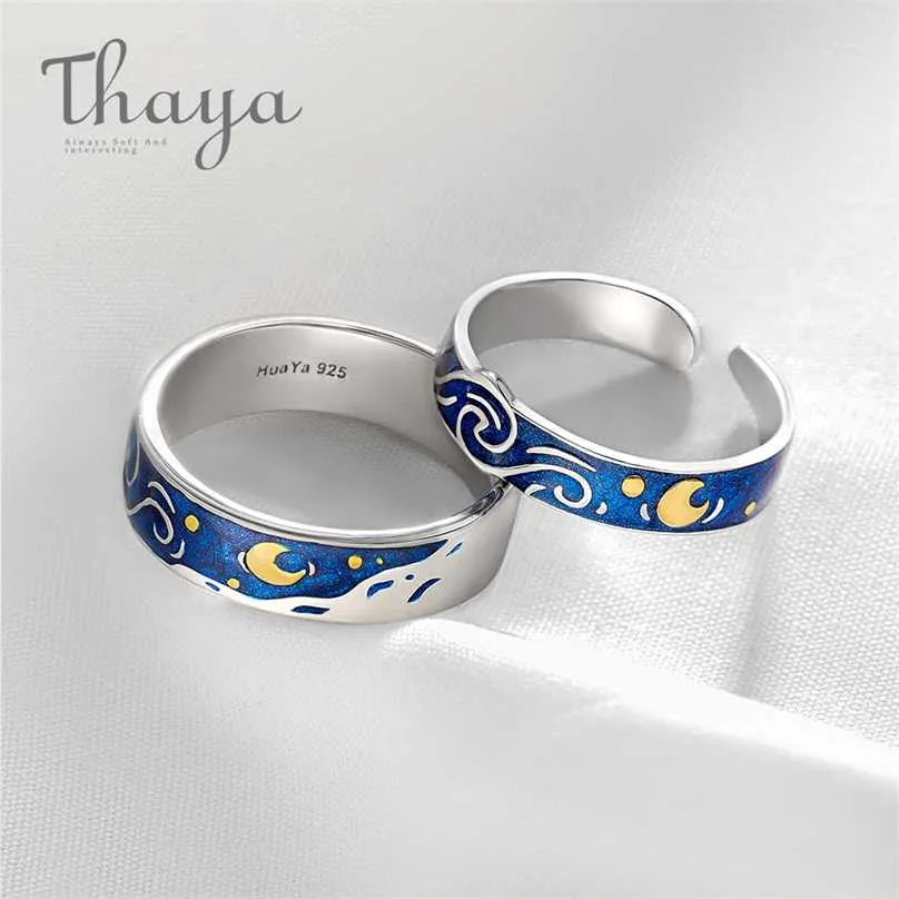 THAYA ECHTERDE VAN GOGH's Emaille Ringen Sieraden 925 Silver Glitter Herten Sky Gold Moon Star Canvas Finger Ring Romantisch voor Dames 211217