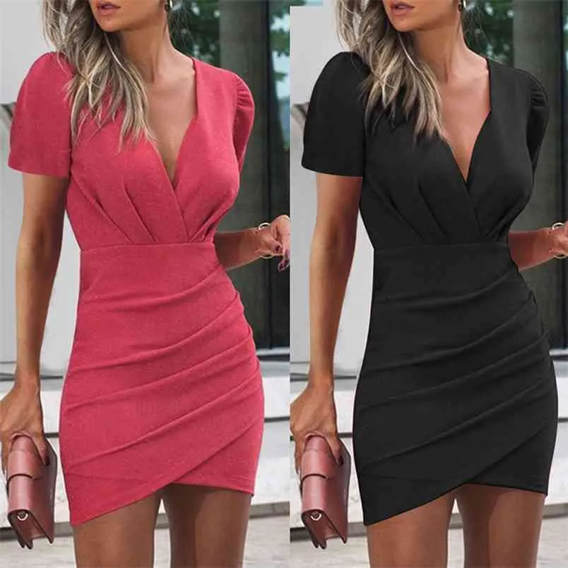 Mulheres vestido de verão moda sexy baixo corte v pescoço retrátil cintura alta skinny es feminino manga curta mini 210522