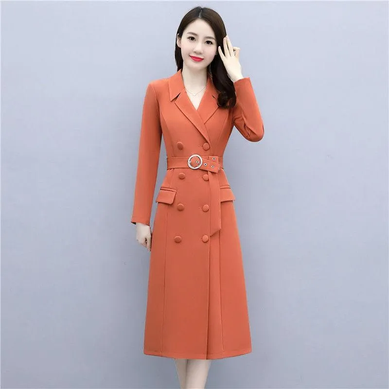 Casual Dresses Women 2021 Spring Autumn Fashion Long Sleeve Vintage Solid Dress Female Double-Breasted Office Vestidos Z343