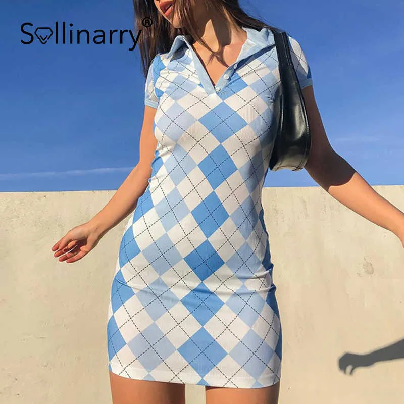 Sollinarry High Street Rombic Lattice Polo Collar Krótka sukienka Slim Fit Blue Letnia Sukienka Moda Przyczynowe Streetwear Dresses 210709