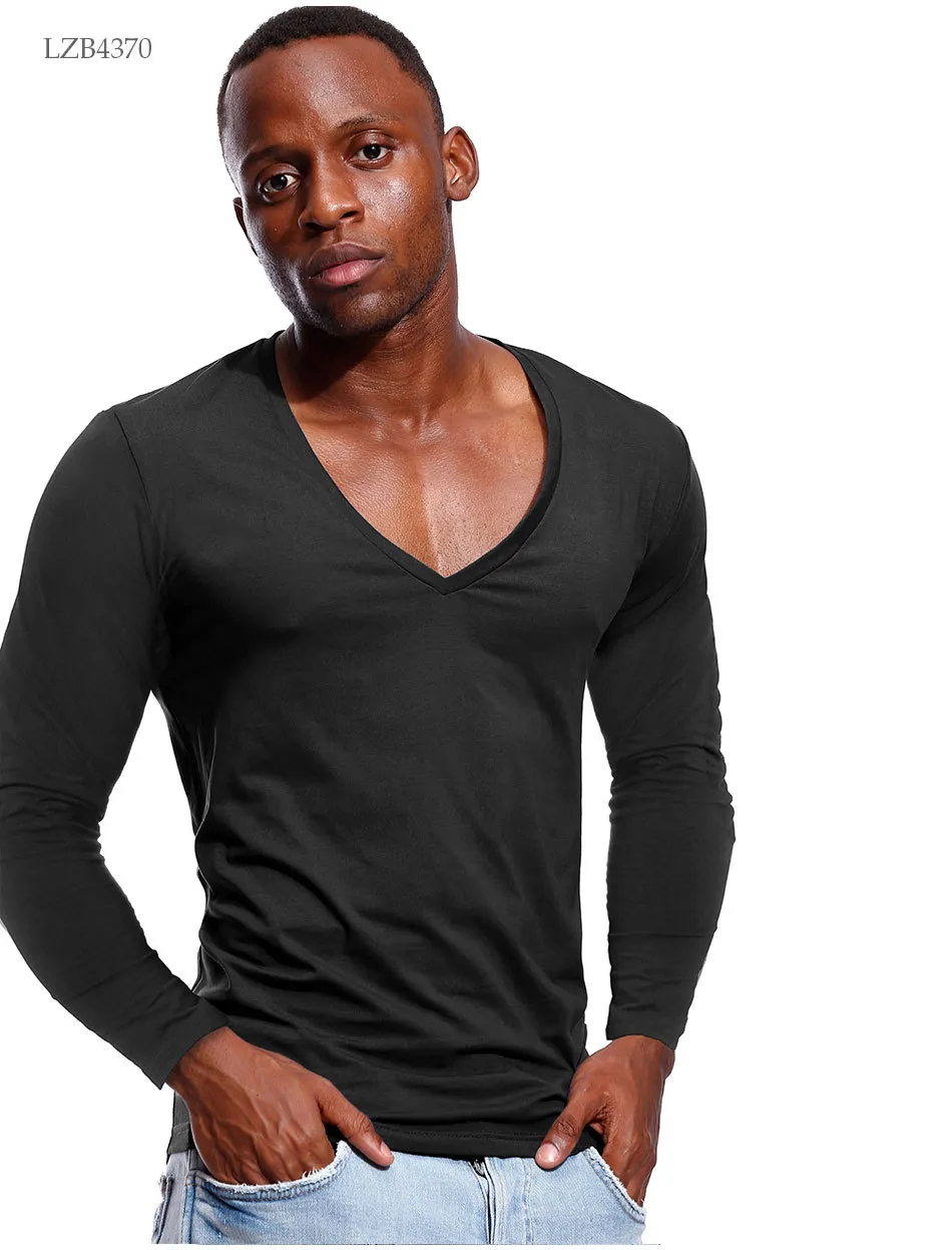 Mens Slim Fit Solid Color Deep V Neck V Long Shirt With Wide