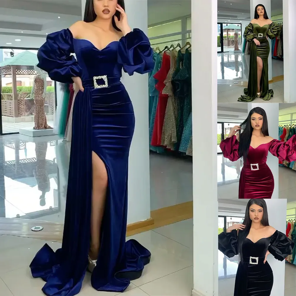 Sexy Off Shoulder Mermaid Evening Dresses Velvet Full Sleeve Side Split Formal Prom Pageant Gowns robe de soiree