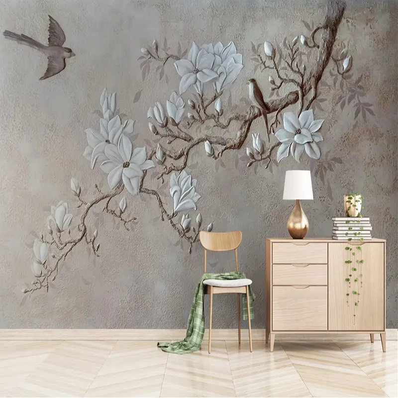 Papier peint mural personnalisé Branches 3D Magnolia Peinture murale Salon TV Canapé Chambre Style européen Papier peint vintage Décor 3D